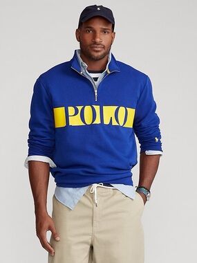 Polo Ralph Lauren Logo Double-Knit Quarter Zip Sweatshirt XL Blue Yellow